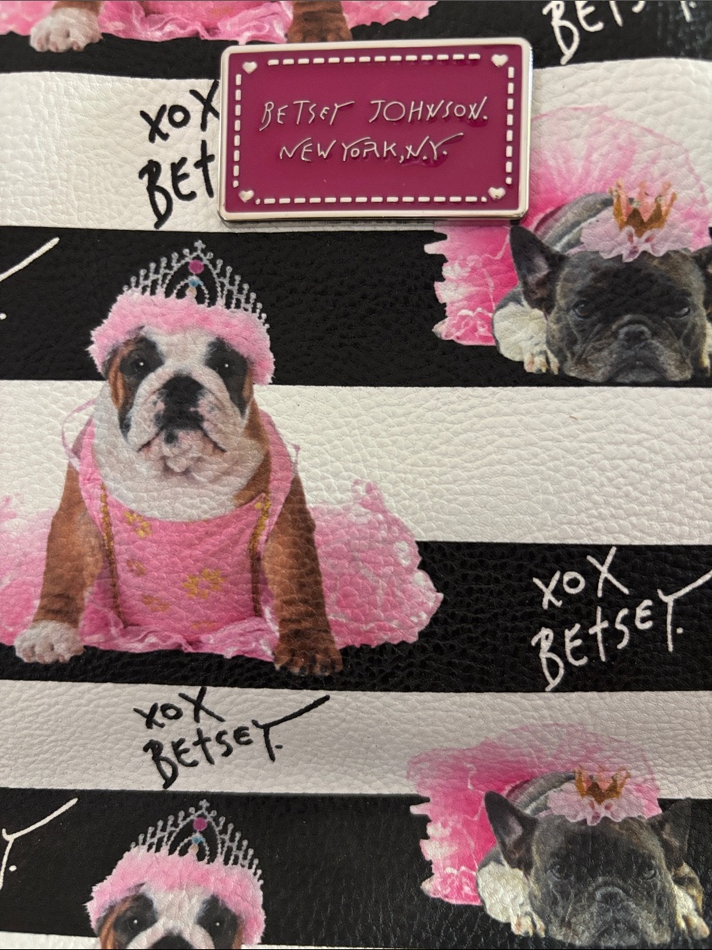 Betsey Johnson Black White Pink Striped Puppy Print Clutch